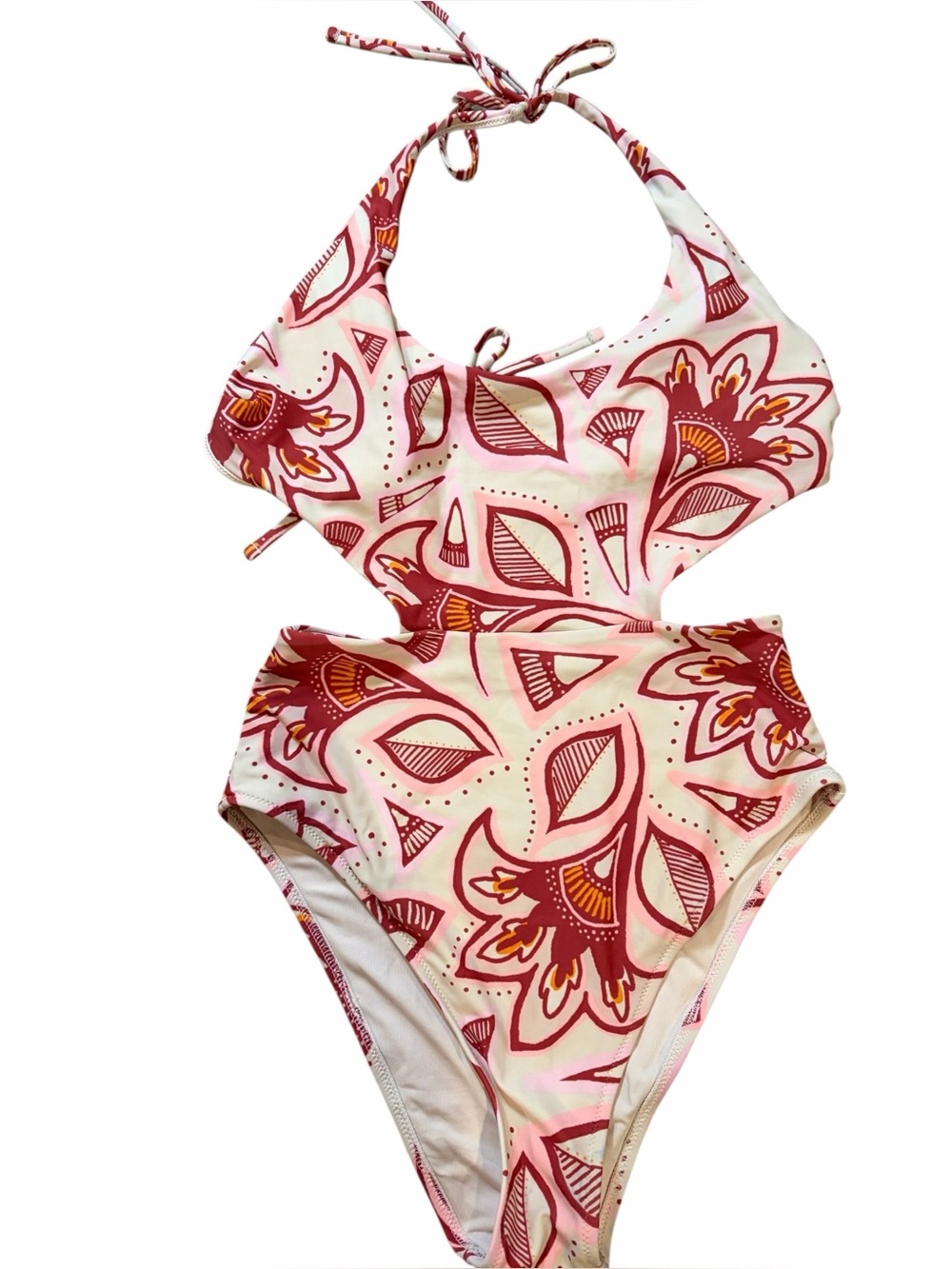 Aerie Boho Floral Cutout Monokini One Piece Swimsuit Burgundy Halter Neck‎